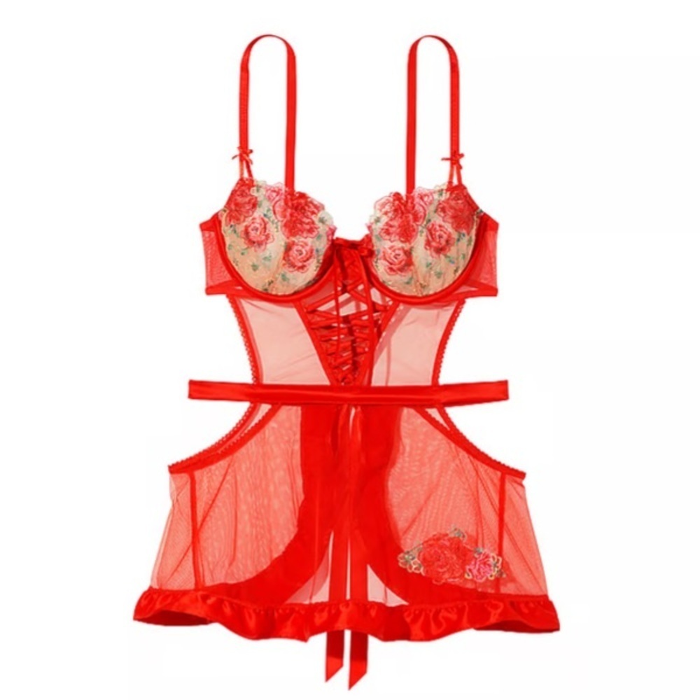 New! Victoria’s Secret Wicked Unlined Floral Embroidery Apron teddy 4297